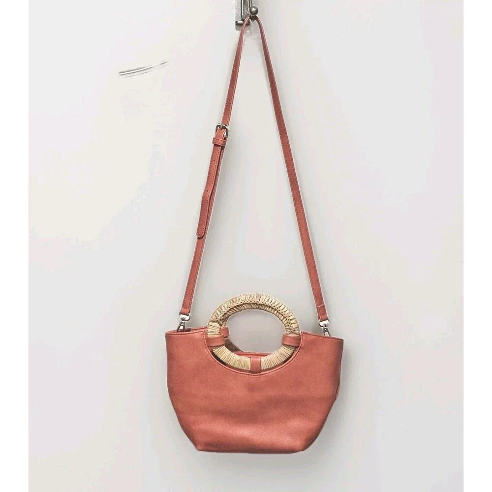 Anthropologie Coral W/Rattan Handles & Crossbody Strap Handbag + Removable Pouch